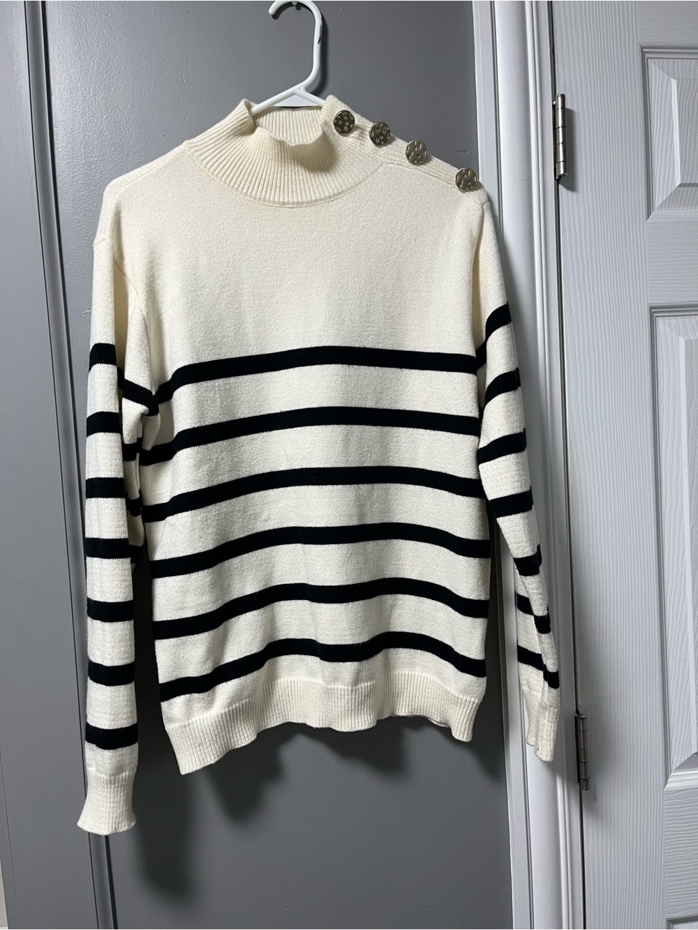 Ivory Striped Mock-Neck Sweater with Shoulder Buttons